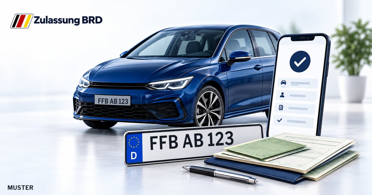 Online Fahrzeugzulassung in Eichenau: Musterkennzeichen FFB AB 123, Auto und Fahrzeugpapiere und Smartphone. Illustration mit Logo von Zulassung BRD.